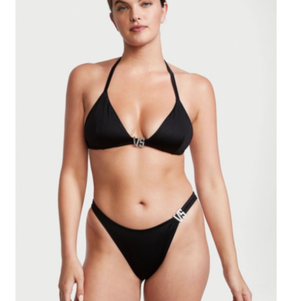 NWT VICTORIA'S SECRET VS Shine Halter Bikini Swim Top/Brazilian Bottom Black